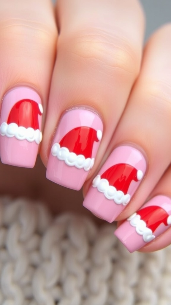 Pink Christmas nails with Santa hat designs, showcasing festive nail art.